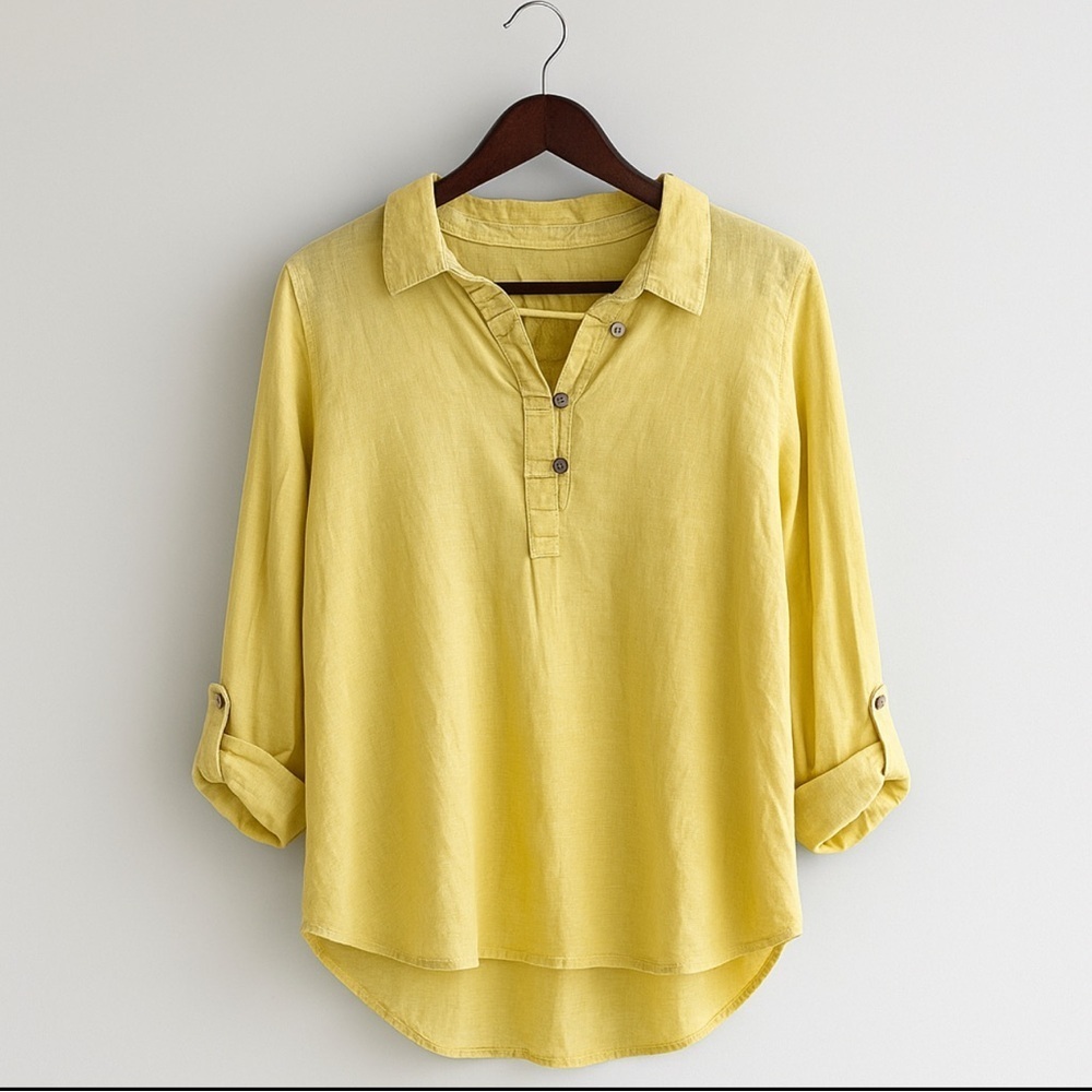 Cynthia Rowley Linen Blouse  Women’s 1X Split Neck Roll-Tab Sleeve High-Low - Picture 2 of 6